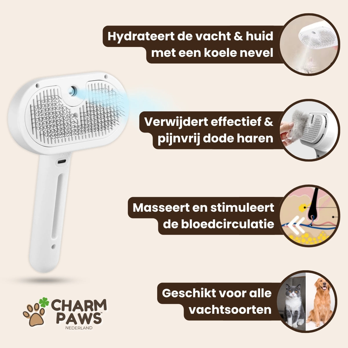 CharmPaws Steami Pro - Brosse professionnelle pour le soin du pelage des animaux de compagnie
